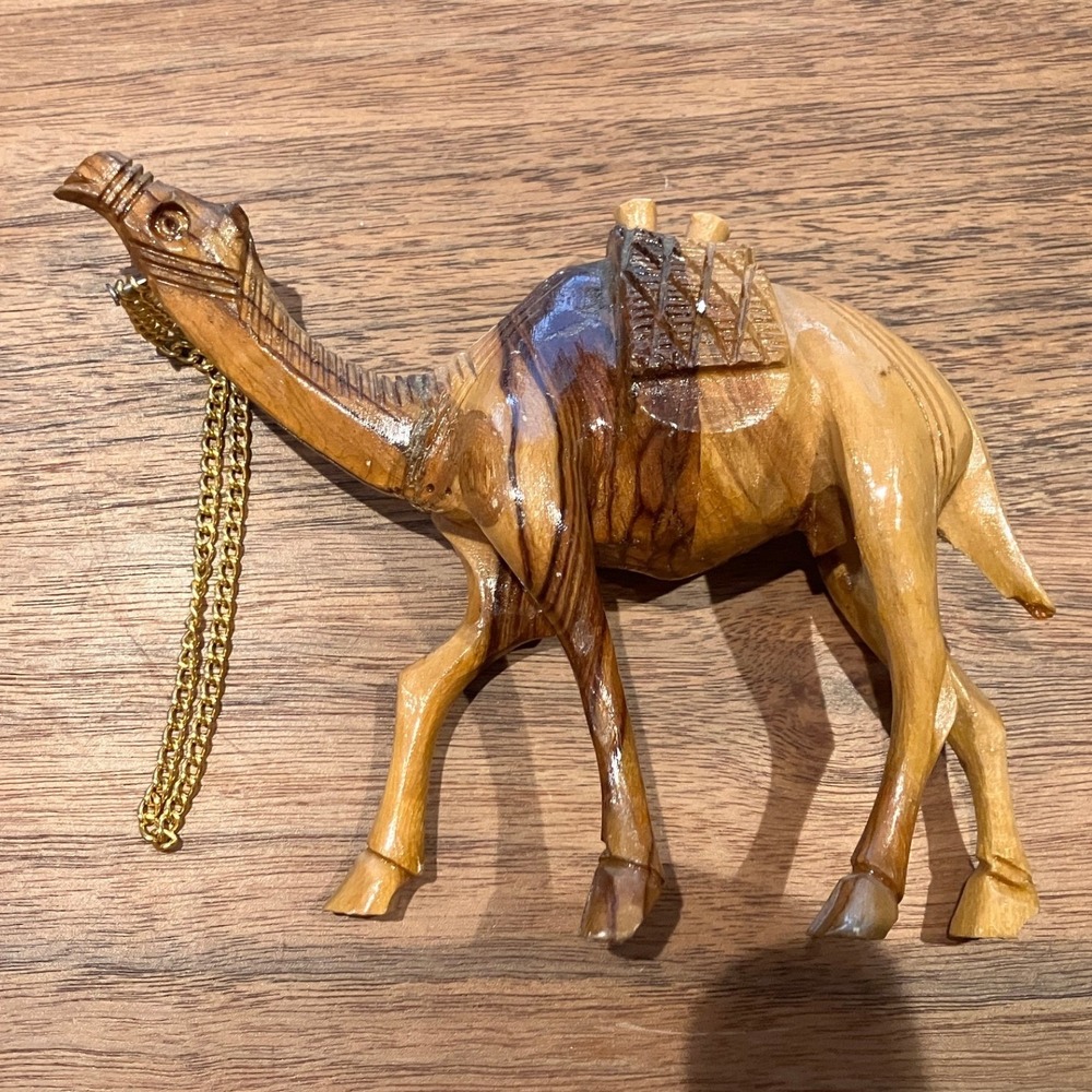 Vintage Hand Carved Olive Wood Camel Figurine with Gold Tone Chain 5.5 Inch